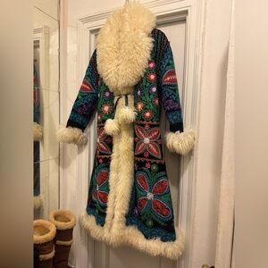❤️MAKE AN OFFER! Rare One Of A Kind Embroidered Shearling Fur Trim Maxi Coat